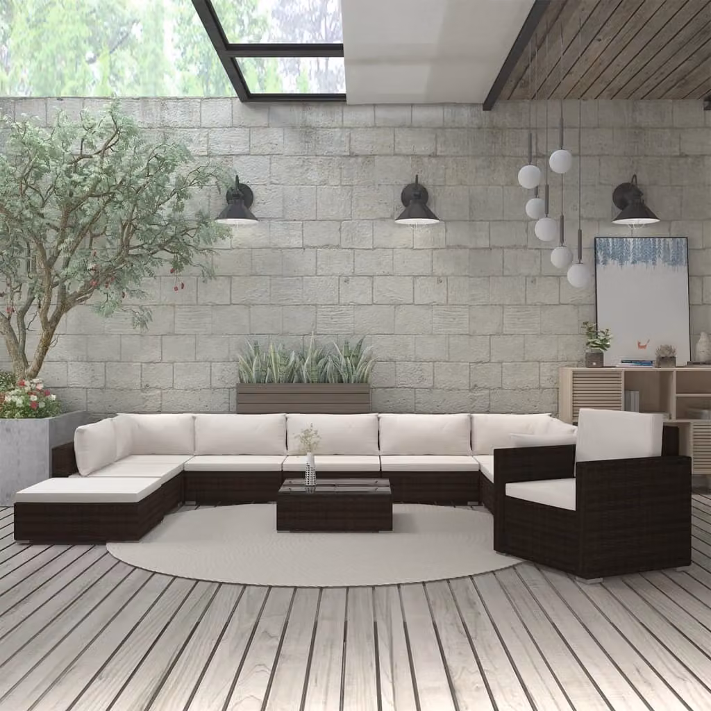 The Living Store Set salotto da giardino 11 pezzi con cuscini in poly rattan marrone