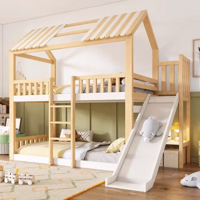 Letto a castello per bambini WISHDOR con tetto a casetta, scivolo e mensola laterale, Bianco e Legno Naturale, L/P/H: 200 x 90 x 171 cm