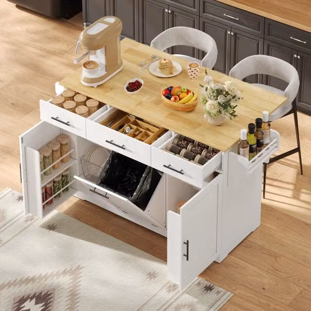 Isola da cucina mobile con piano ribaltabile; 3 cassetti grandi e armadio pattumiera nascosto; bianco; 136x50(75)x92 cm