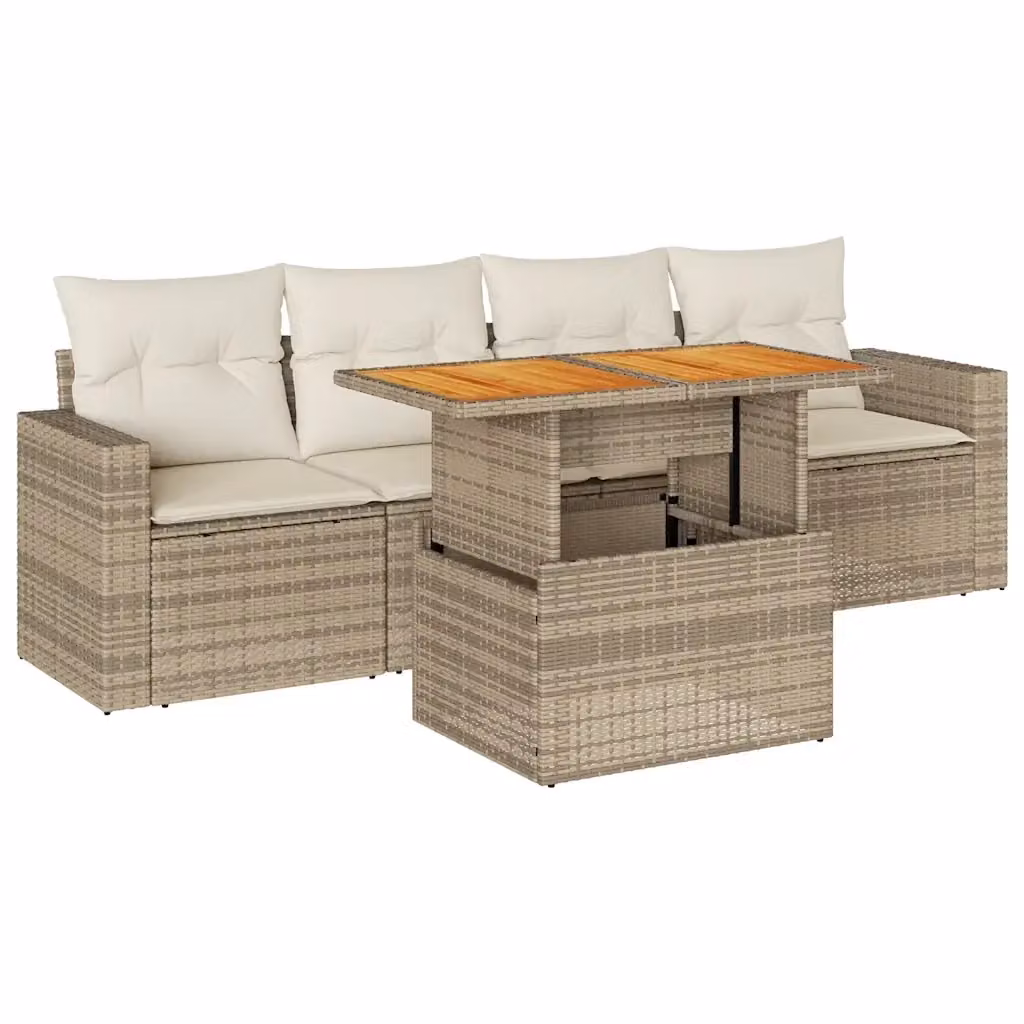 Set Divano da Giardino 5 Pezzi vidaXL con Cuscini Beige e Tavolino in Polyrattan e Acciaio – 2