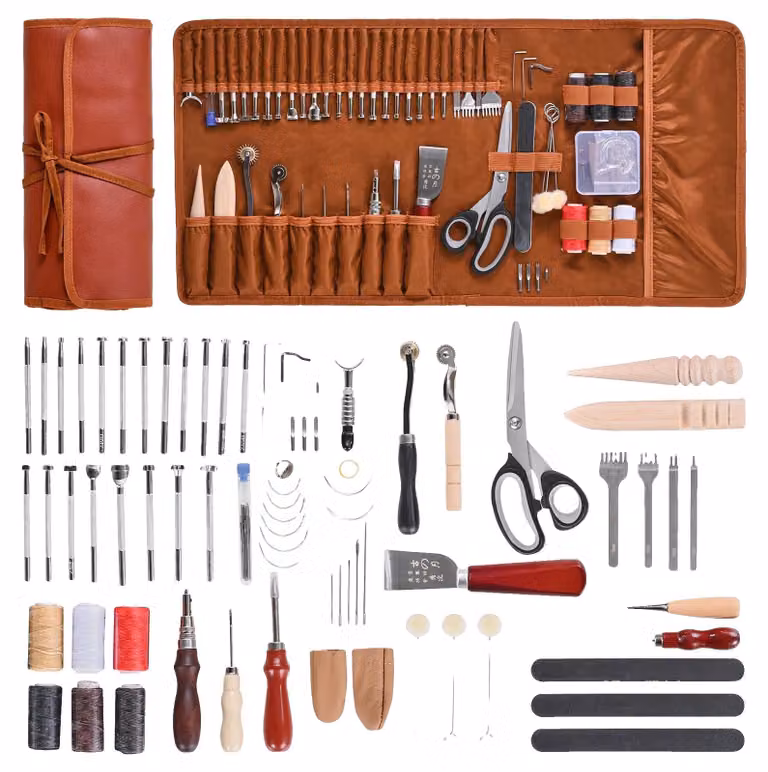 VEVOR Set di utensili artigianali in pelle da 72 pezzi con borsa portatile in tela Strumento grafico Strumento di punzonatura