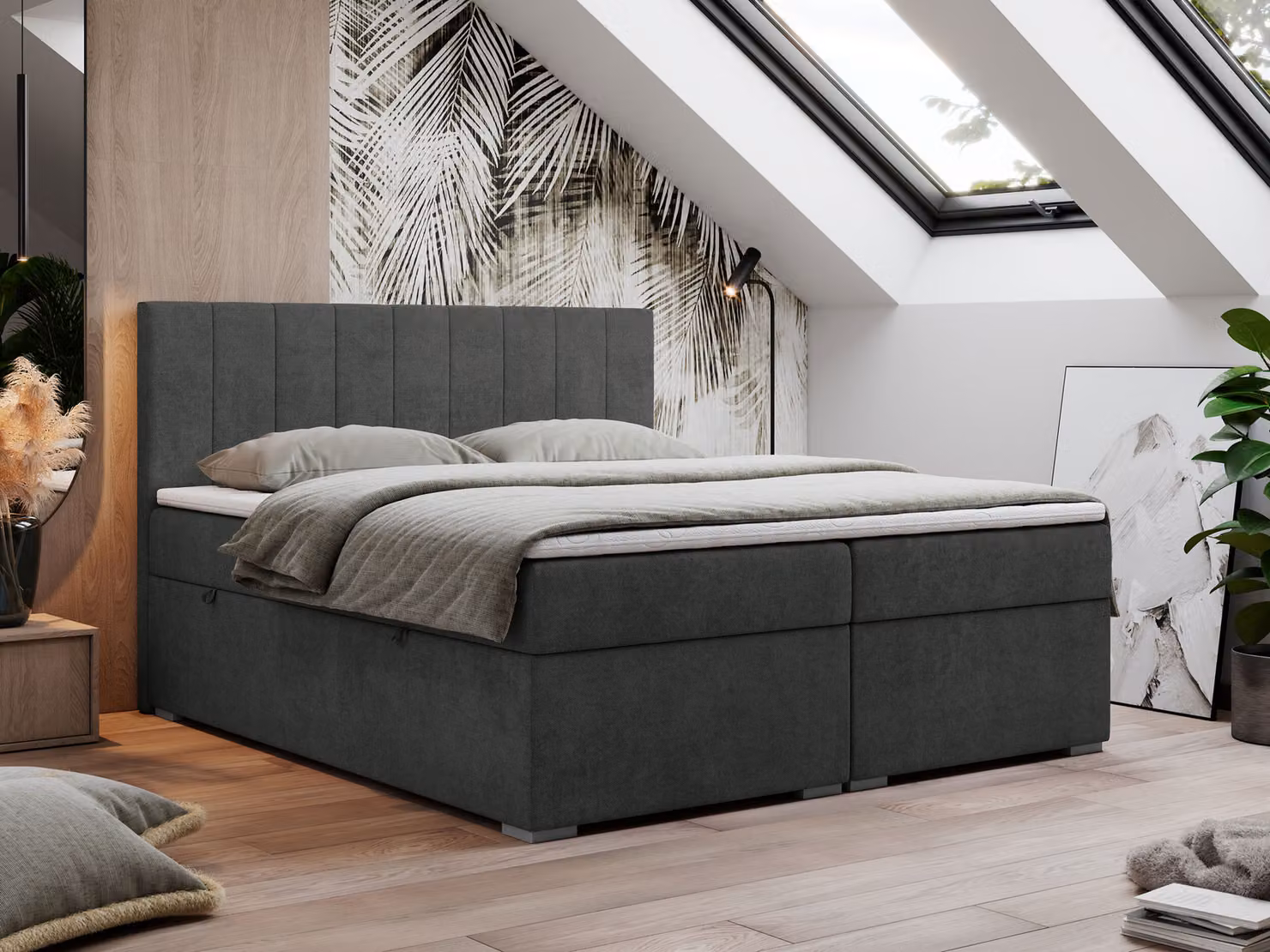 Letto boxspring 160x200, letto 160x200 con materasso e coprimaterasso, letto boxspring con cassetti, letto matrimoniale - LOPE - 160x200 - Grigio scuro - Struttura - H3