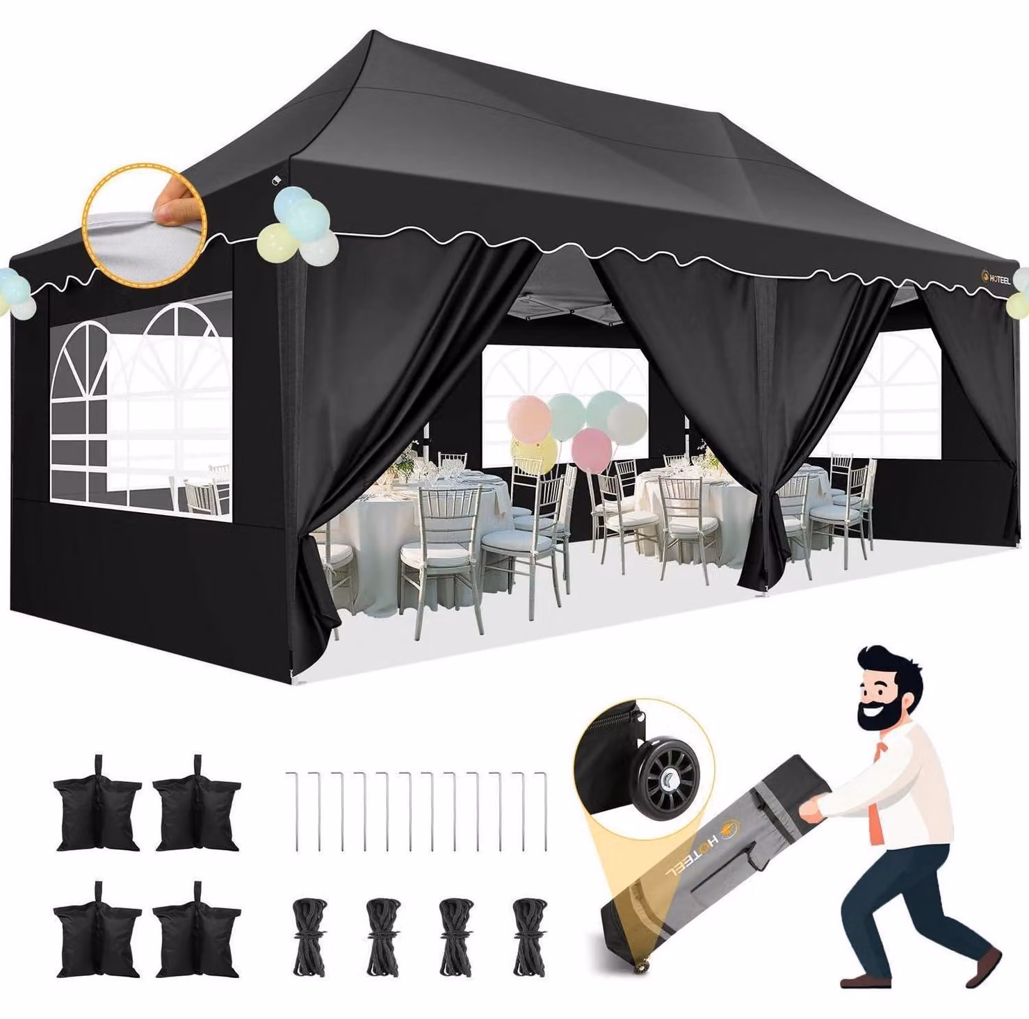 Paviglione pop-up 3x6 metri, impermeabile, stabile, con 6 pareti laterali, orlo a onda, protezione UV 50+, colore nero