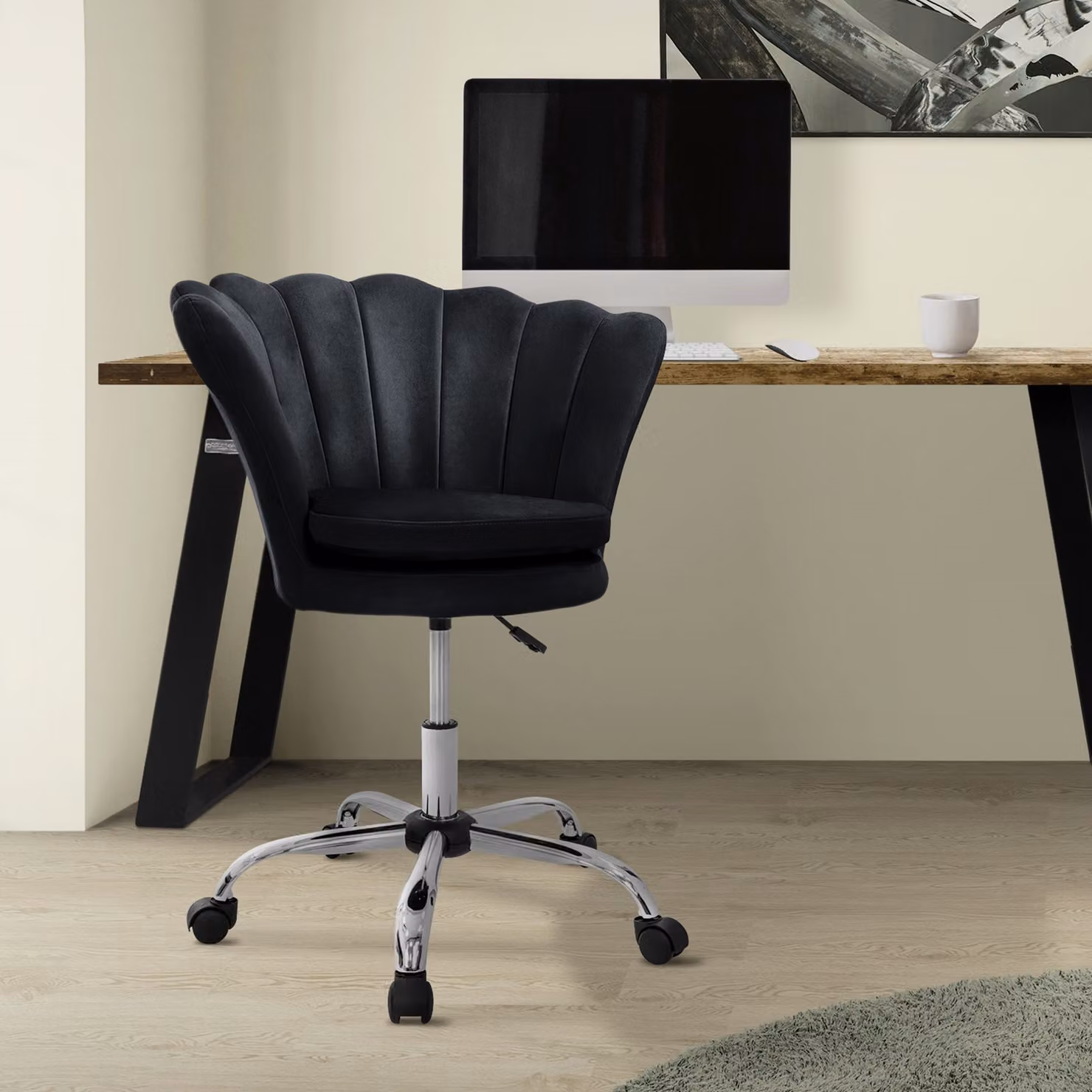 ML-Design sedia da ufficio in velluto, nera, sedia da trucco con schienale a conchiglia, sedia girevole con rotelle, sedia da scrivania regolabile in altezza sgabello girevole
