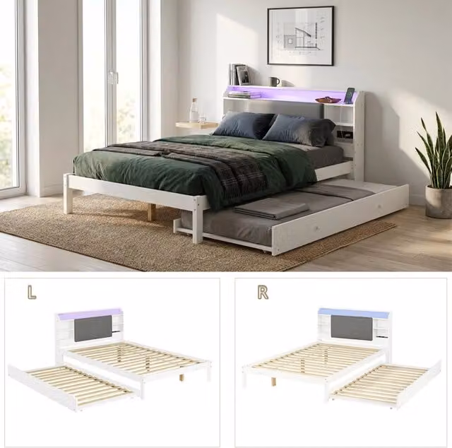 Letto in legno 120x200 cm con letto estraibile 90x190 cm; testiera imbottita; LED e ricarica; bianco
