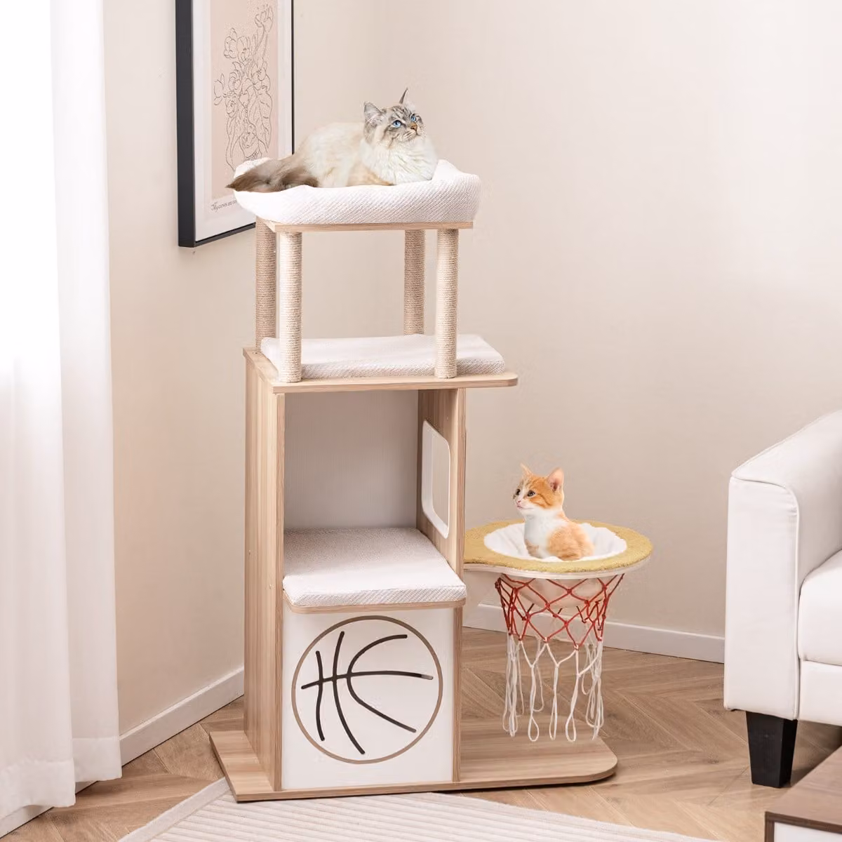 Albero per gatti Costway in legno naturale con amaca e tiragraffi in sisal, torre per gatti a tema sportivo, Altezza: 120 cm