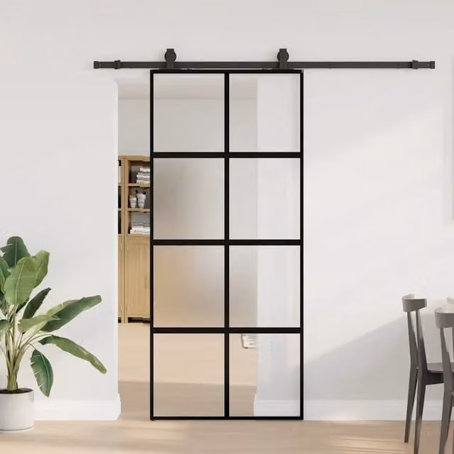 Porta Scorrevole Moderna vidaXL in Vetro Trasparente e Alluminio con Ferramenta Nera L: 90 cm, H: 205 cm