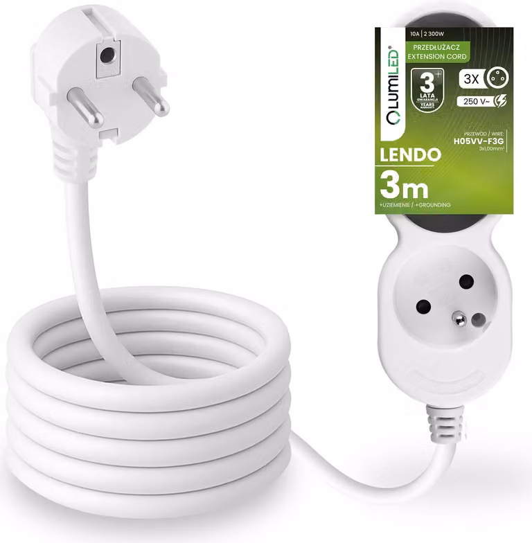 Presa multipla LUMILED Presa tripla tipo E, cavo da 3 m H05VV-F3G, bianco, presa multipla E 10A 2300W 250V IP20 Staffa per sospensione