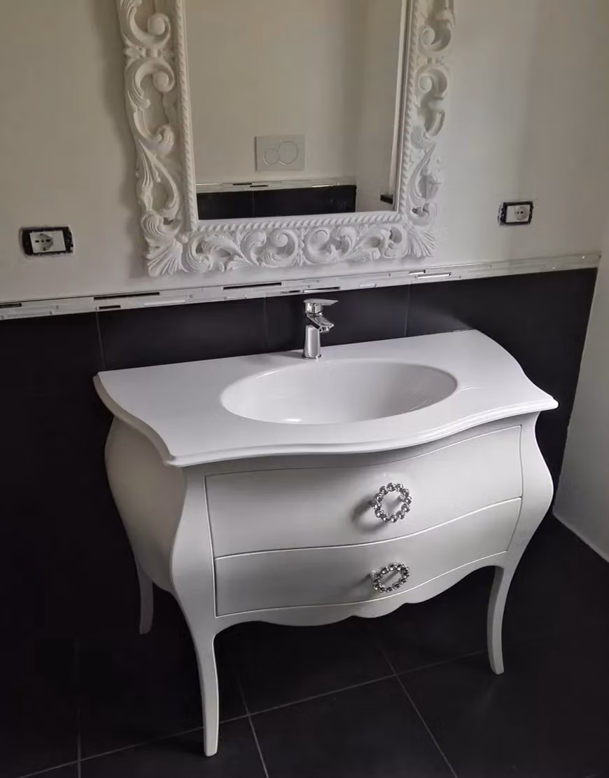 Mobile bagno bombato in legno con 2 cassetti stile shabby chic bianco Mobili 2G L: 108 cm, P: 55 cm, H: 82 cm – 1