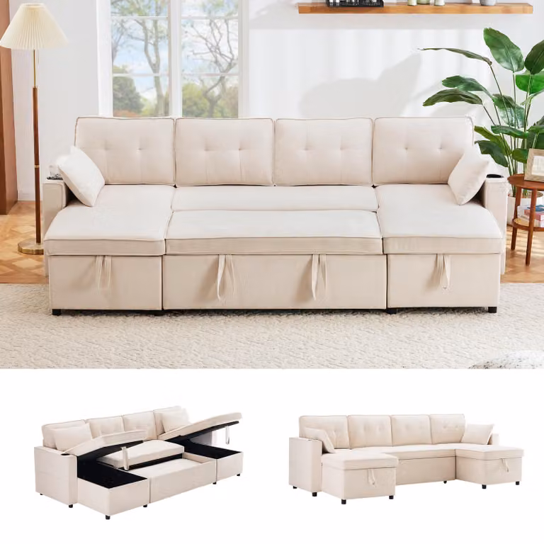 Divano letto Fortuna Lai, modello ad angolo a forma di "U", divano imbottito, realizzato in tessuto di cotone e lino, dotato di portabicchieri e vani contenitori, ideale per famiglie, salotti, ecc. Video disponibile [codice prodotto precedente: N653P9745G