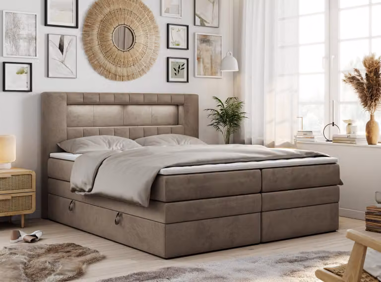 Letto boxspring con testiera LED e topper - GOLD-5-KING - 200x200 cm - Marrone - Rigido (H4)