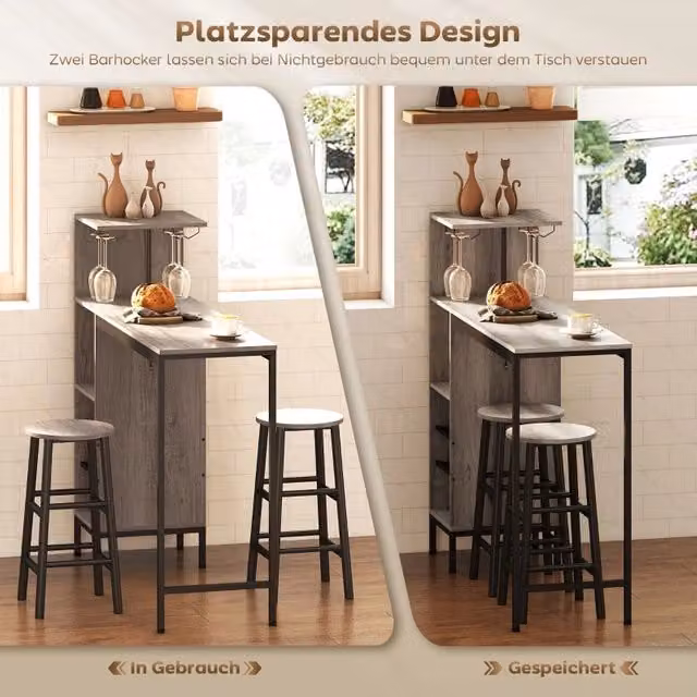 Set da bar OKWISH in stile industriale con tavolo rettangolare e 2 sgabelli, grigio, con ripiani laterali e portabottiglie, H: 122 cm, L: 121,5 cm, P: 40 cm