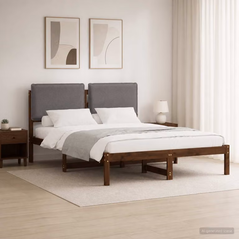 Letto con testiera rivestita vidaXL in legno di acacia marrone scuro e grigio chiaro L/P/H: 206 x 126 x 85 cm