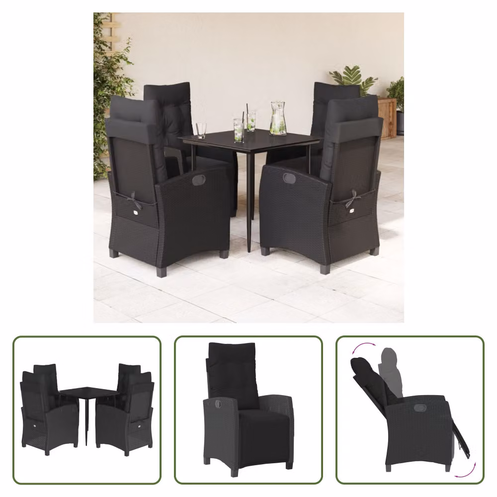 The Living Store Set da pranzo da giardino 5 pezzi con cuscini in poly rattan nero