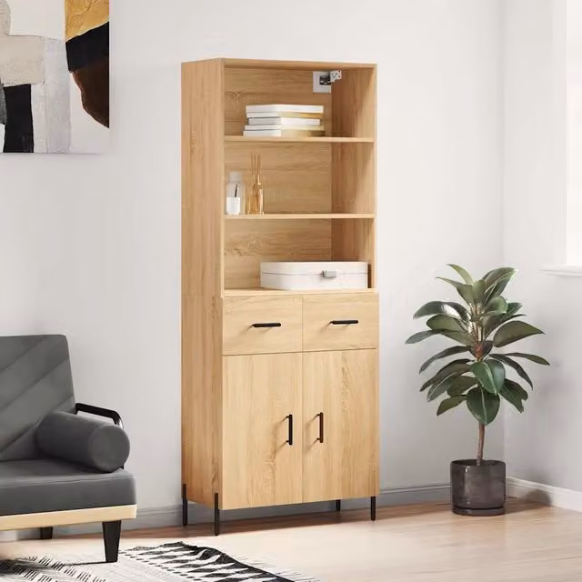 Credenza moderna vidaXL in legno e metallo color rovere, L: 69,5 cm, P: 34 cm, H: 180 cm
