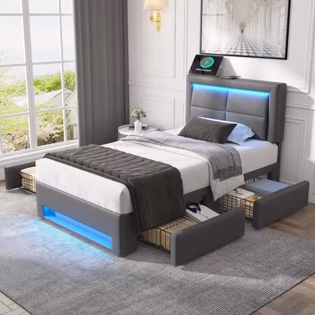 Letto singolo imbottito 90 × 190 cm con 4 cassetti, LED regolabile, ricarica USB e senza materasso, grigio