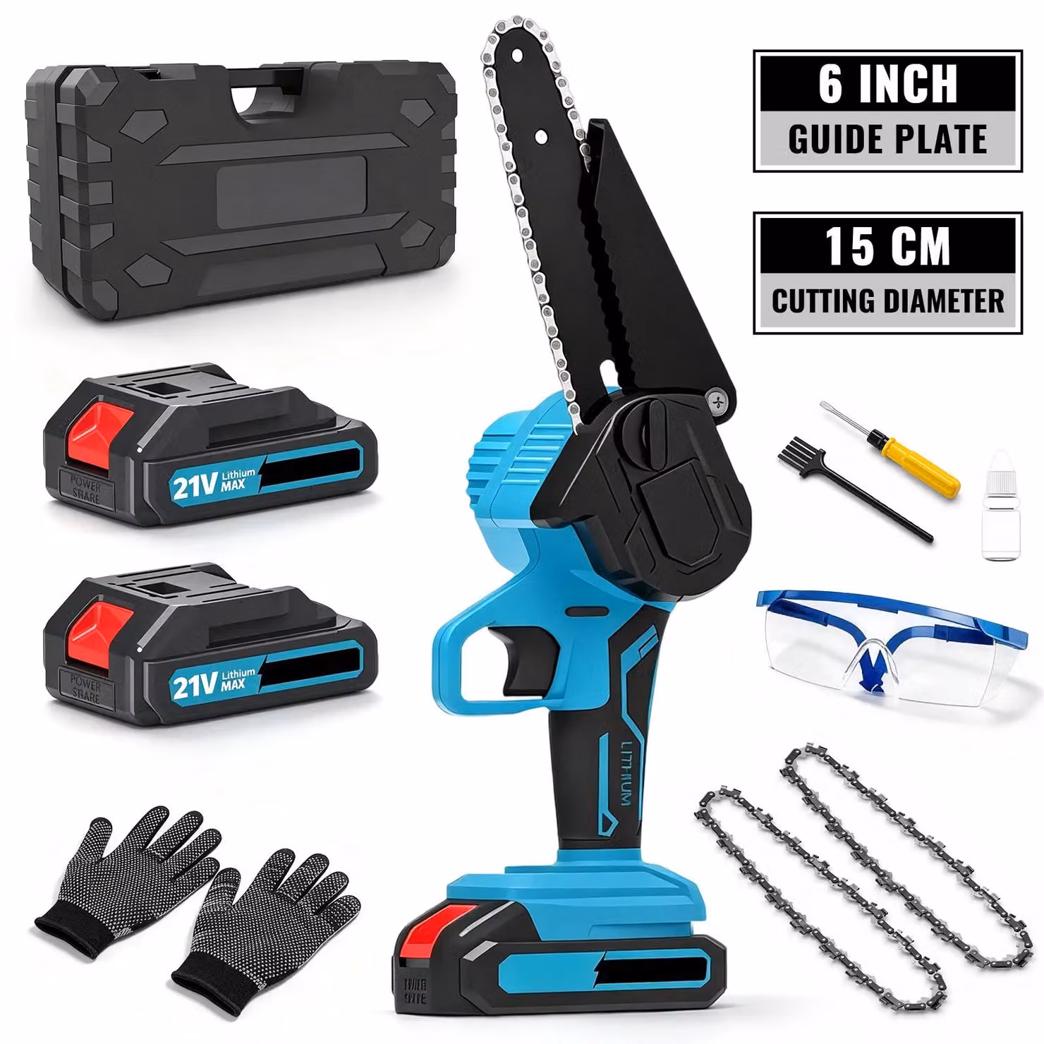 Troncatrice a batteria compatta - Seghetto elettrico portatile - 550 W - 18 V - Lame da 15 cm - 2 batterie - Lubrificazione automatica