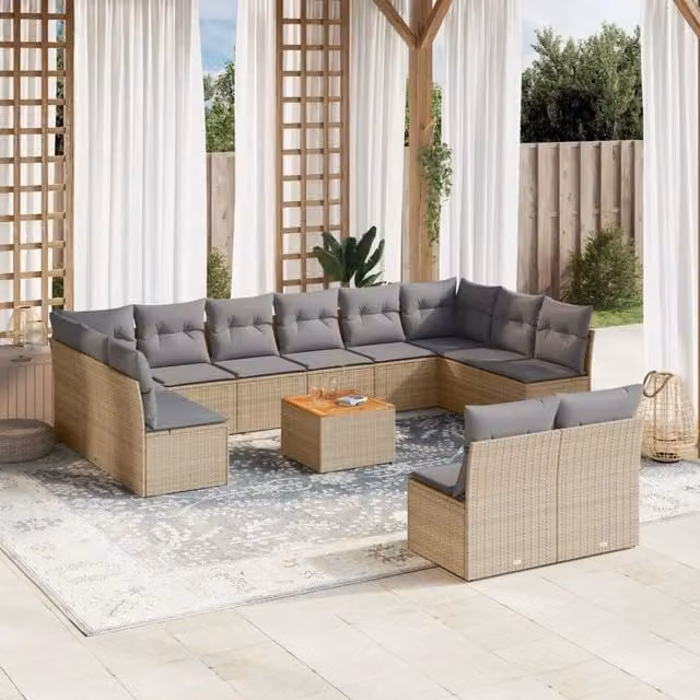 Set Divano da Giardino a Forma a U vidaXL in Polyrattan con Cuscini Beige e Grigio e Tavolino da Esterno 13 Pezzi