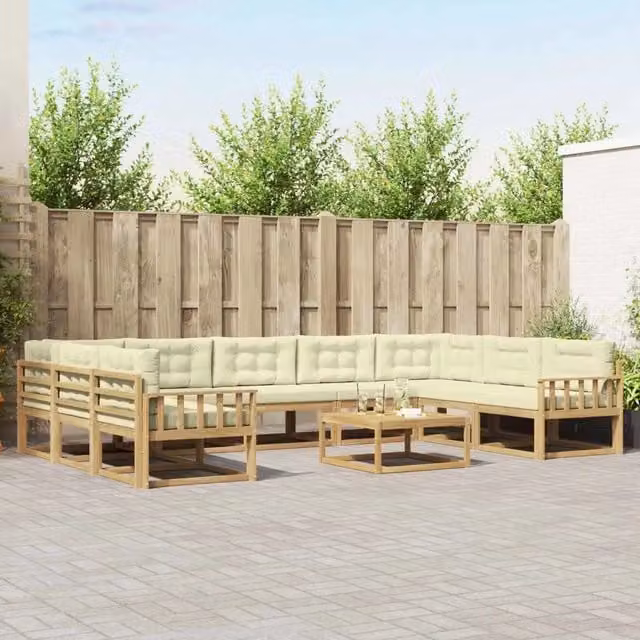 Set di divani da esterno a forma di U vidaXL in legno di acacia con cuscini Bianco e Beige