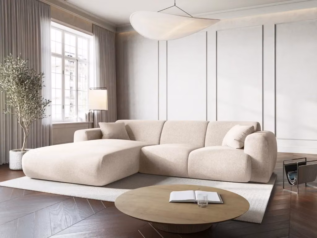Divano angolare sinistro Nolio Cosmopolitan Design a 4 posti in ciniglia beige chiaro L 260 x P 72 x H 76 cm – 2