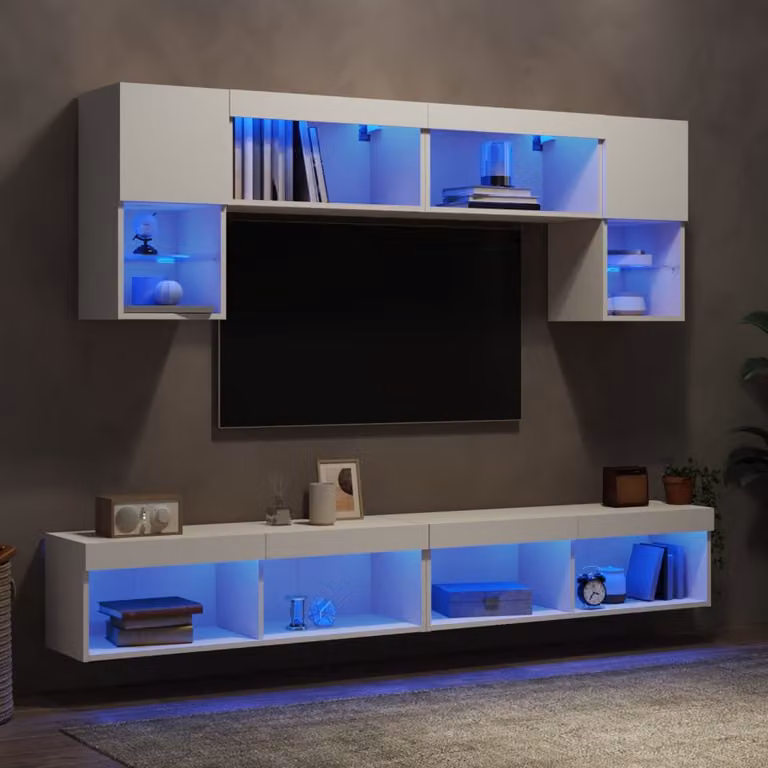 Mobile TV a muro vidaXL in legno multistrato bianco con illuminazione LED e 6 scomparti