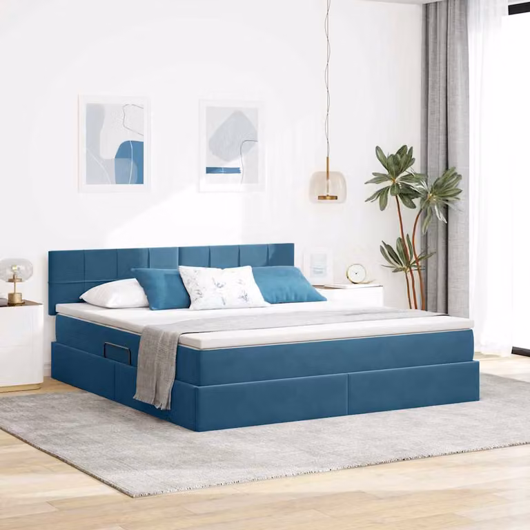 Letto con contenitore e illuminazione LED vidaXL in velluto blu, L/P/H: 160 x 200 x 88 cm
