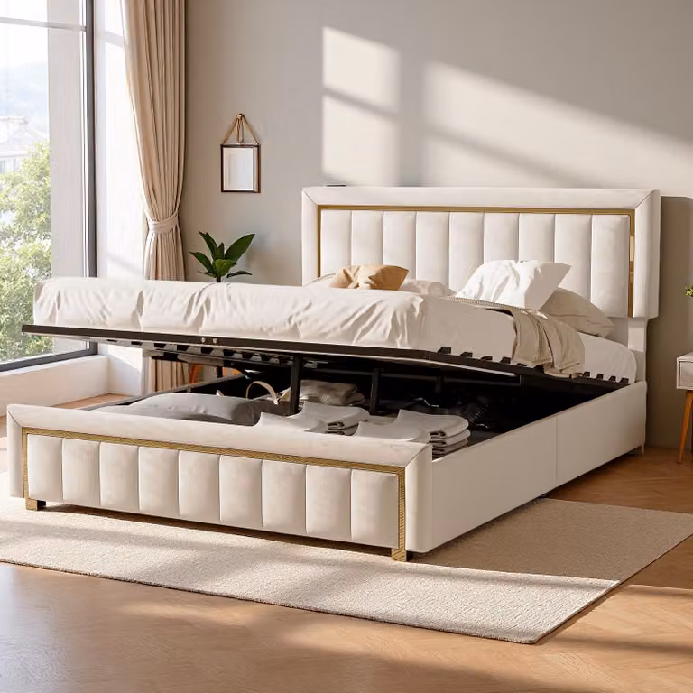 Letto imbottito INONEFT 160x200 con spazio contenitore, letto matrimoniale con cassone a sollevamento idraulico e poggiatesta regolabile, letto per ragazzi, in velluto, senza materasso, color beige
