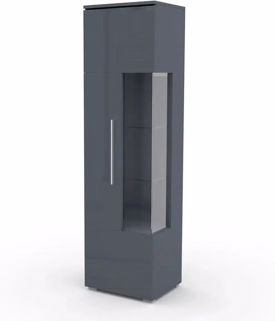 Vetrina alta di design con illuminazione LED multicolore collezione BOMBAY. Colore grigio brillante. Apertura a sinistra.