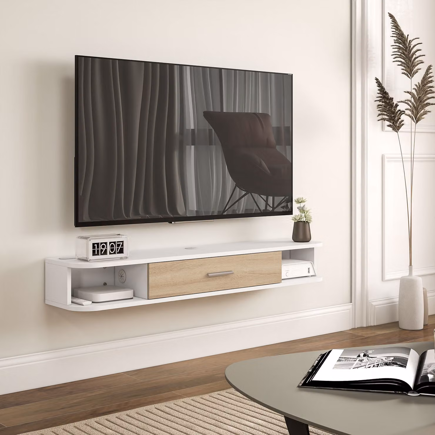 Mobile TV Sospeso HOMCOM in Legno con 2 Ripiani Aperti e Armadietto, Bianco e Rovere, L: 120 cm, P: 26 cm, H: 16 cm – 2