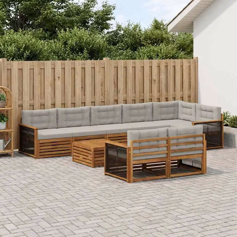 Set di divani da esterno a forma di U vidaXL in legno di acacia con cuscini, 9 pezzi, Beige e Grigio