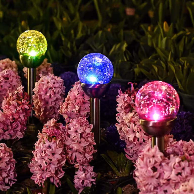 Lampade da giardino solari, set da 3, con luci LED, sfere di vetro, cambio colore, impermeabili