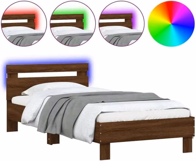 Letto singolo moderno con testiera, illuminazione LED sottostante e porta di ricarica USB, Rovere Marrone, L: 90 cm, P: 200 cm