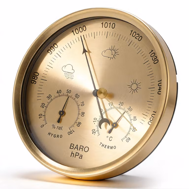 Stazione meteorologica con barometro, igrometro e termometro, diametro 130 mm, quadrante dorato, ideale per l'ufficio domestico