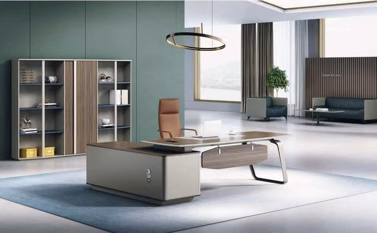 Set per ufficio in legno marrone: scrivania angolare robusta e libreria, composto da 2 elementi