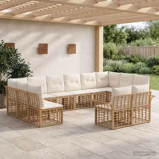 Set di divani da esterno 12 pz Naturale e Bianco Crema 3437786