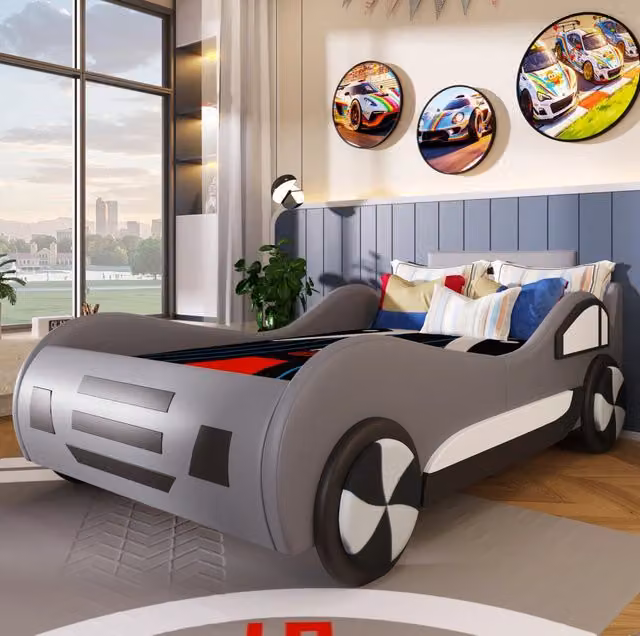 Letto per bambini a forma di auto 90x200 cm con rete e contenitore idraulico grigio HAVRYA