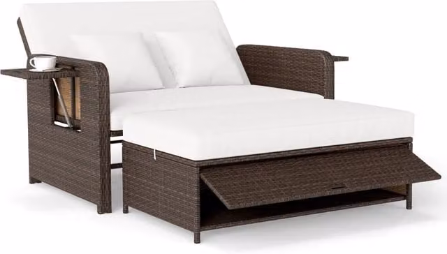 Divano letto in rattan per patio set 2 pezzi con pouf contenitore tavolini laterali pieghevoli, Divanetto per giardino & piscina Bianco