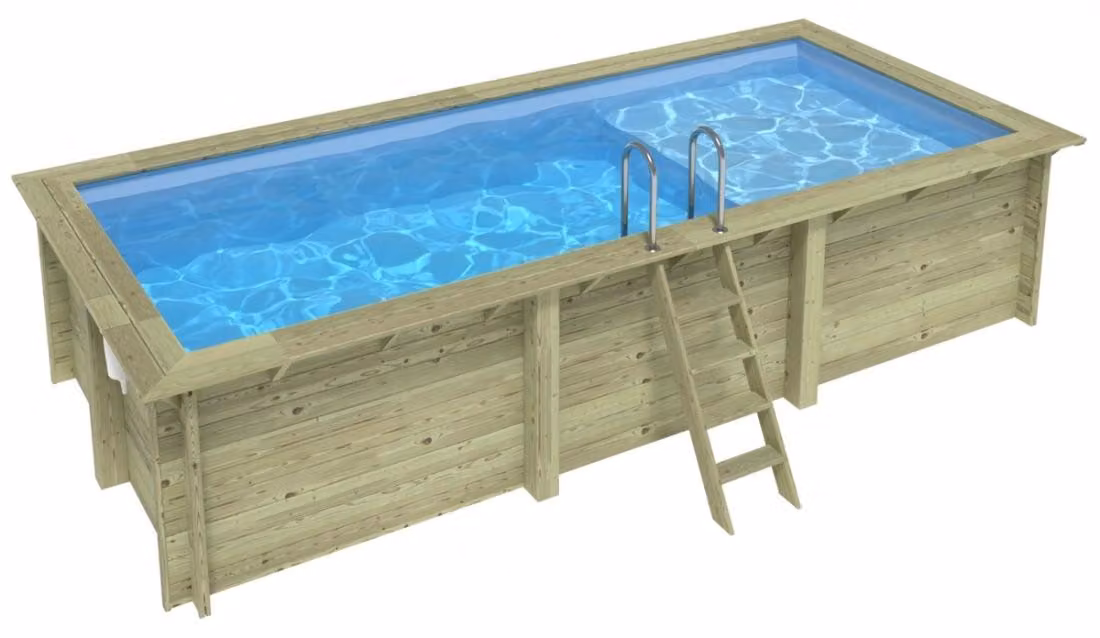 Piscina in legno AQUA 6.1 x 2.85 – H.1.31 m con spiaggia, azzurro chiaro, con supporti fissati al calcestruzzo