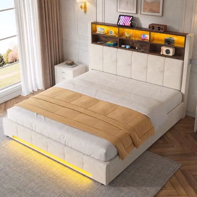 Letto matrimoniale contenitore 160 × 200 cm in metallo e velluto beige con testiera USB-C LED e sollevamento idraulico