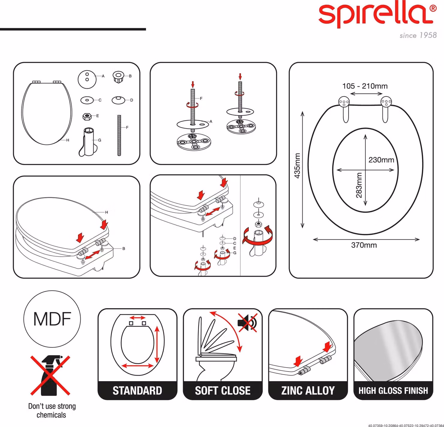 Coperchio per WC Spirella in MDF con sistema di chiusura rallentata, modello New York, finitura lucida e sistema di fissaggio rapido. Cerniere in acciaio inossidabile, colore bianco