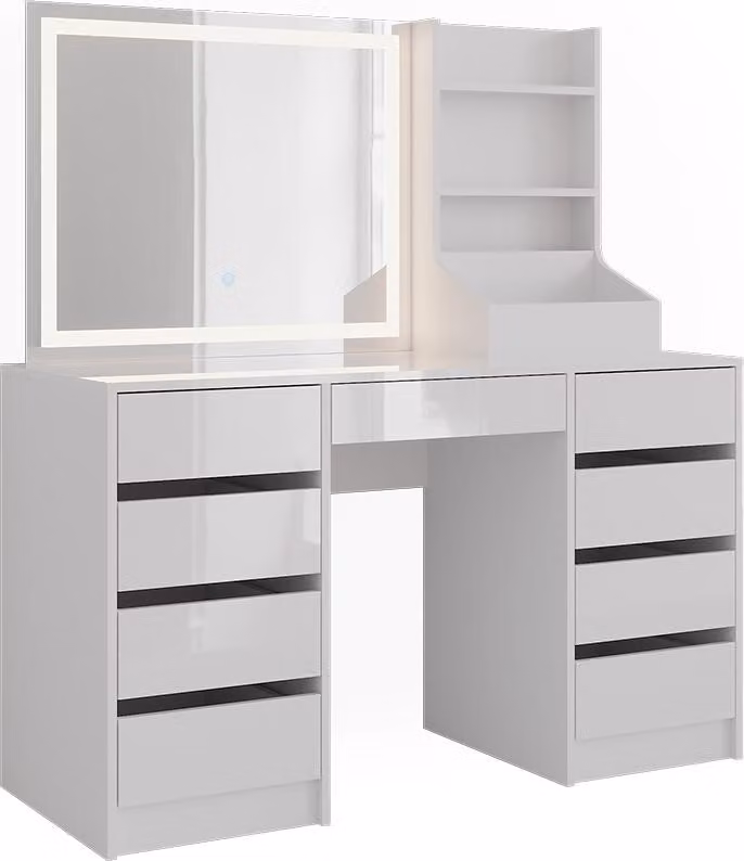 Tavolo da toeletta Vicco Sherry Bianco/Bianco lucido 128.2 cm con specchio a LED, Model 57641