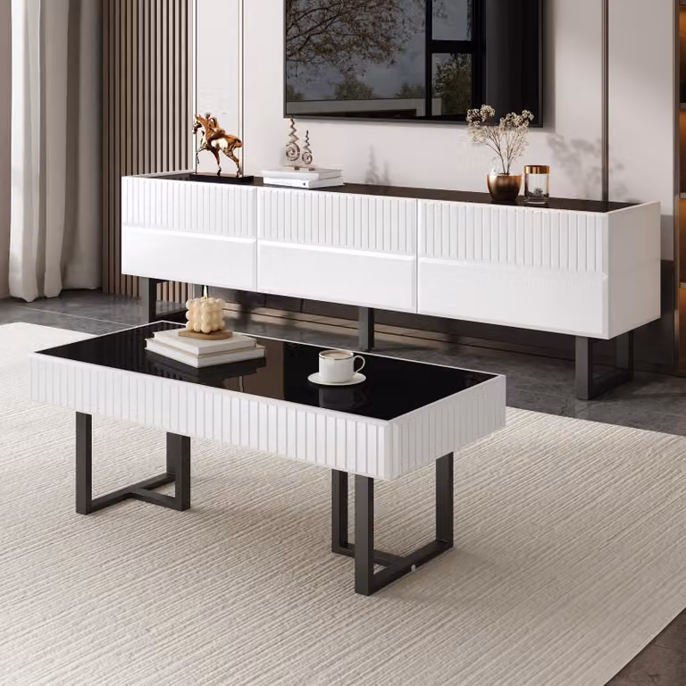 tavolino da salotto moderno okwish con piano lucido, tavolino da salotto con struttura in ferro, tavolo da divano in bianco e nero