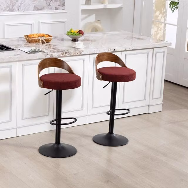 Set di 2 sgabelli da bar MIVRAY girevoli a 360° regolabili in altezza con schienale in lino rosso e base in metallo nero opaco – 1