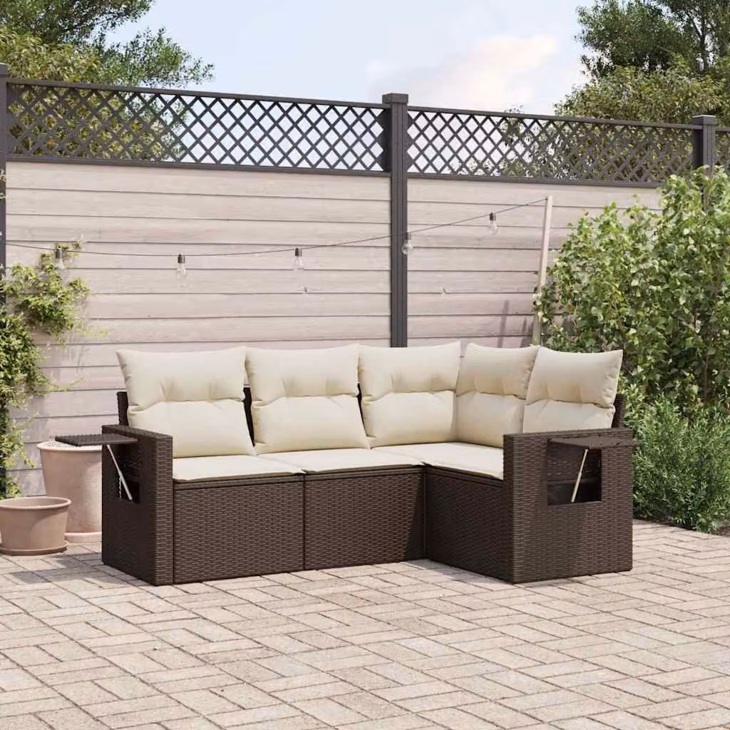 vidaXL Set Divano da Giardino 4 pz a Forma di L in Polyrattan Marrone con Cuscini e Tavolino – 1