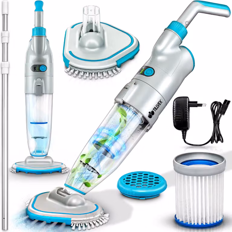 Aspirapolvere per piscina Tillvex con batteria ricaricabile e asta telescopica da 3,6 m - fino a 25 m³ | Aspirapolvere elettrico per fondo piscina | Pulitore per piscina con filtro e sistema a 2 velocità | Set di pulizia con aspirapolvere portatile senza