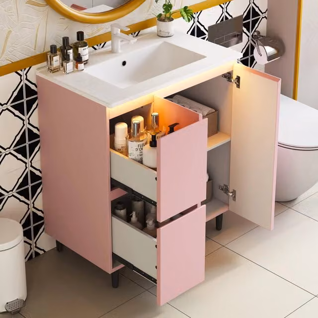 Mobile Sottolavabo a Terra con Lavabo Integrato e LED ¨C Minimal ¨C Rosa 76x47x89cm Legno Multistrato Chiusura Soft-Close
