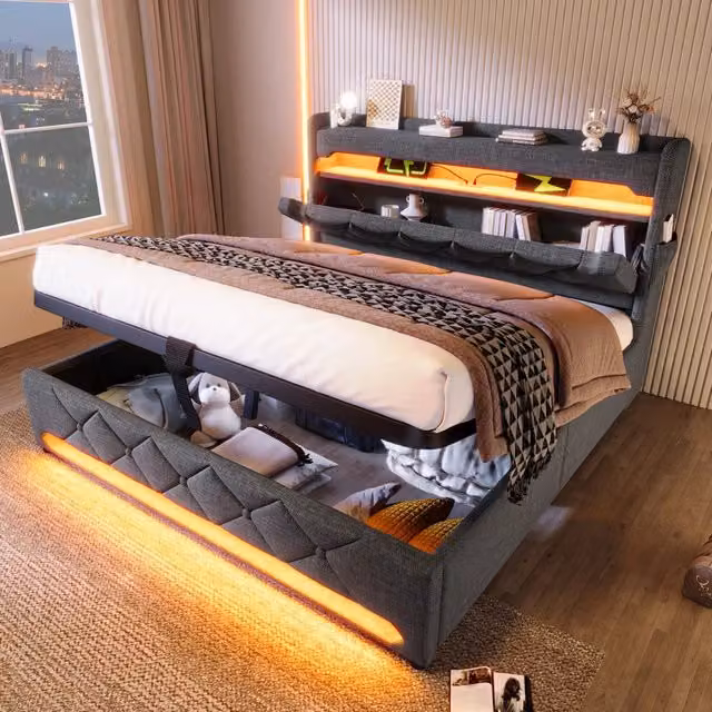 Letto matrimoniale 140x190 con contenitore; illuminazione LED a 360 gradi; lino grigio e testiera con vani portaoggetti