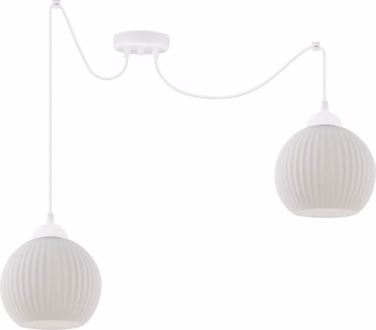 Lampada a sospensione Spider Riffle bianca a 2 luci con paralumi a sfera bianchi E27