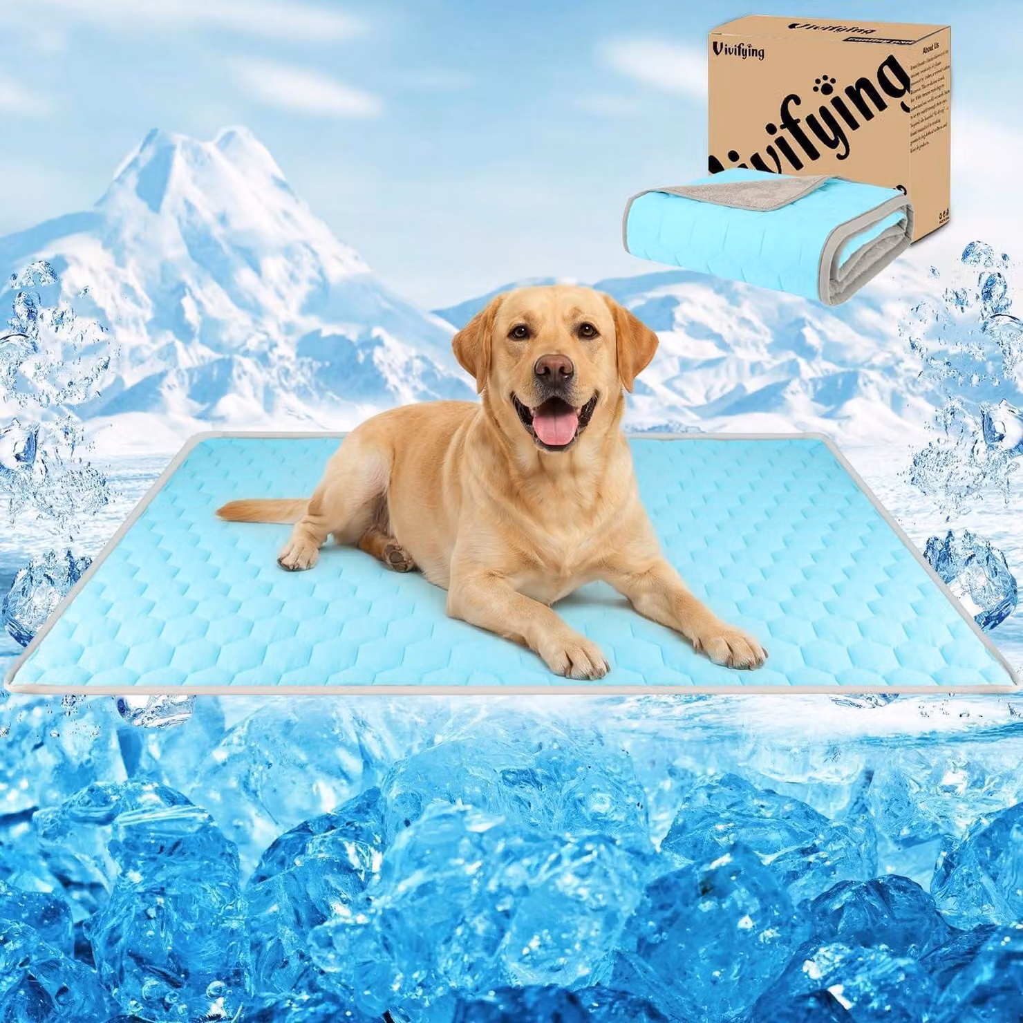 Tappetino refrigerante per cani, 101 x 76 cm, impermeabile, reversibile, in tessuto effetto seta e velluto, auto-raffreddante, lavabile, colore blu/grigio