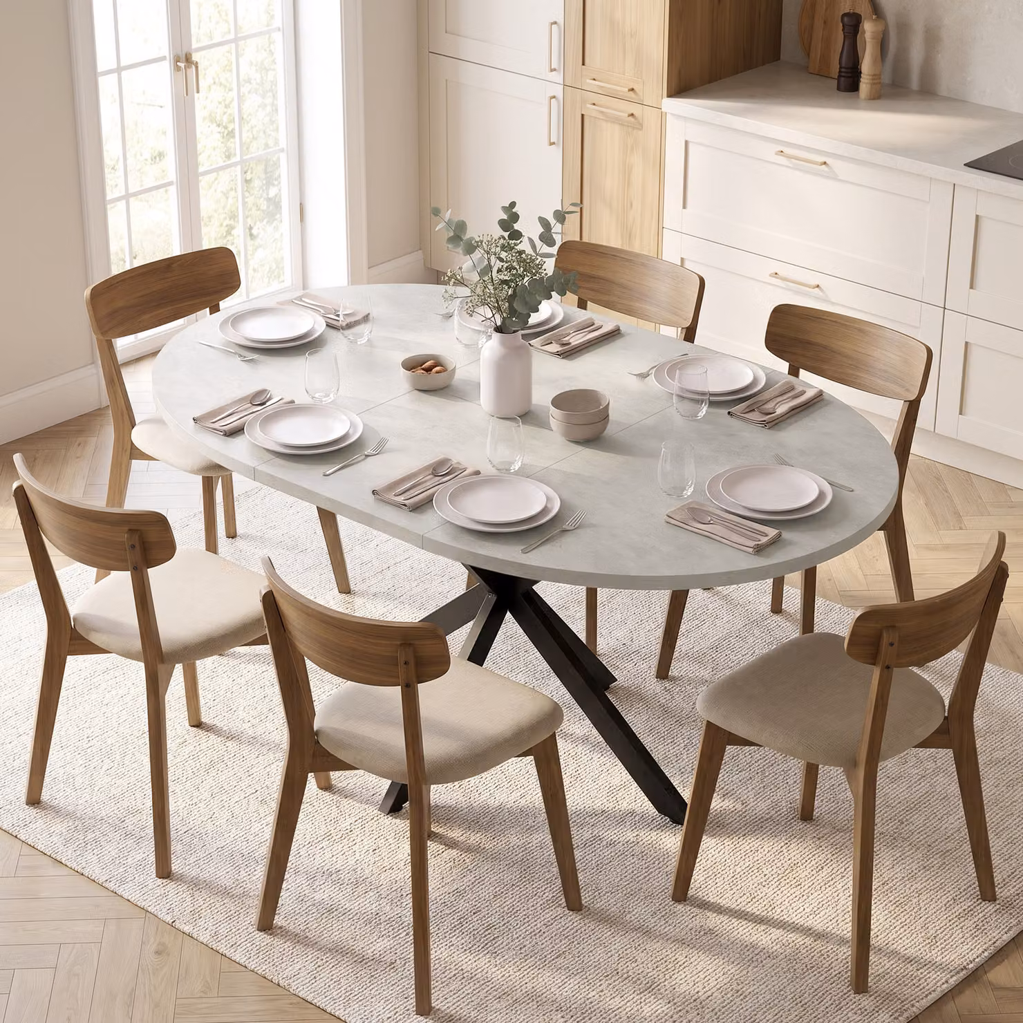 Tavolo da pranzo allungabile HOMCOM per 4-6 persone con piano ovale e base a X, colore grigio cemento – 2